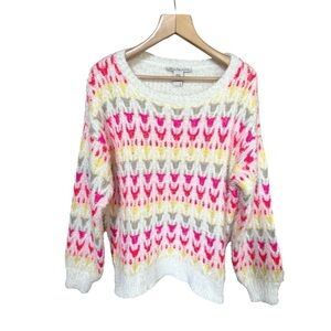 American Rag Cie Bright Pink & Yellow Patterned Fuzzy Soft Sweater, Size Large